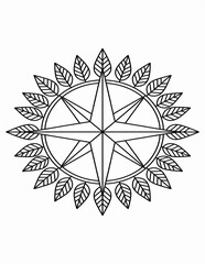 Fototapeta premium A black and white compass rose with leaves isolated on white background