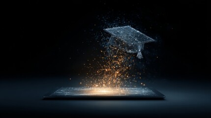 Digital graduation cap emerging from a tablet