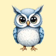 Naklejka premium Cute fluffy baby owl with big eyes on a light yellow background