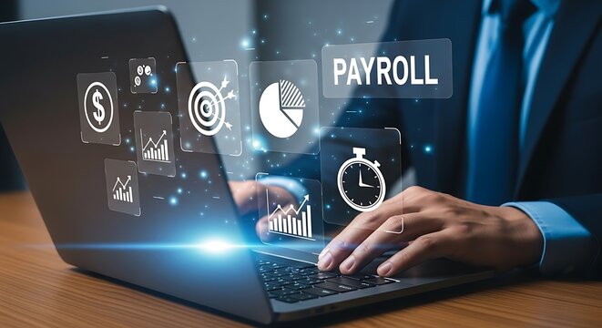 Payroll management solution with digital icons popping out of a laptop screen, Seamless payroll processing for optimized financial efficiency and compliance