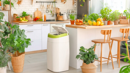 Compact compost container enhances modern kitchen with greenery and natural light