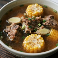 A bowl of steaming corn ribs soup