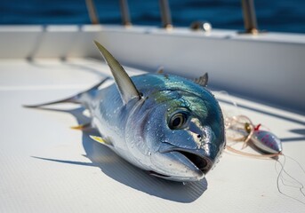 Freshly caught big game fish glistening with water drops on a boat deck after a catch