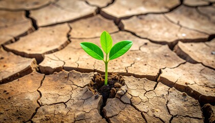 Cracked Earth with Lone Green Sprout Emerging