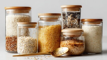 Assorted grains in clear glass jars with wooden lids
