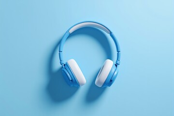 Modern wireless headphones in pastel blue on a matching background.