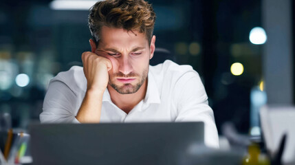 Businessman experiences burnout and anxiety while working late at night in a corporate office