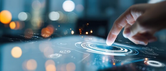 The innovative touchscreen interface displaying interactive digital holograms and data visualization.