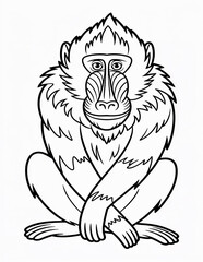 Obraz premium A black and white line drawing of a mandrill monkey sitting with its legs crossed, isolated on white background
