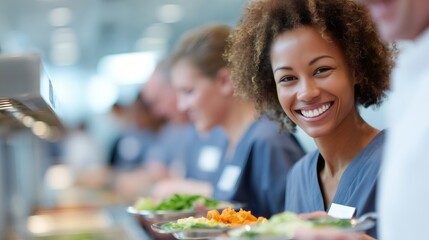 Healthcare workers enjoying a healthy meal in hospital cafeteria line
