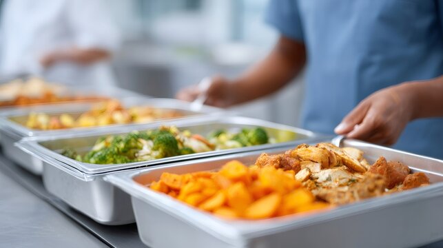 Close up of a nurse selecting food from a buffet of healthy options in a hospital cafeteria, emphasizing the importance of nutritious meals for healthcare professionals