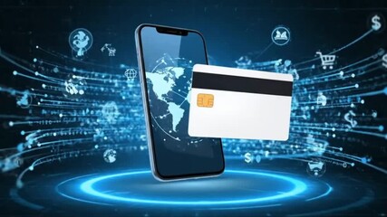 Smartphone displays a world map next to a bank card surrounded by digital commerce icons and glowing lines - Powered by Adobe