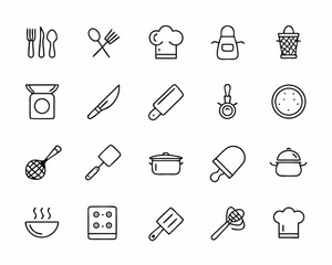 Collection of simple line art icons representing kitchen and cooking utensils