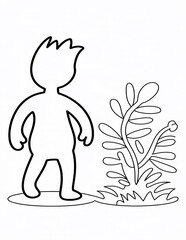 A silhouette of a boy stands beside a leafy plant, isolated on white background, creating a simple and evocative nature scene