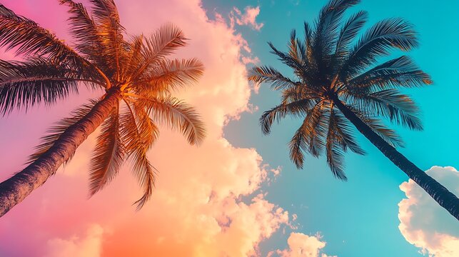 Colorful tropical palm trees with pastel sunset sky orange pink and blue tones