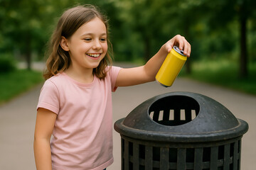 Smiling Little Girl Throwing Can into Trash Bin in Park