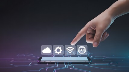 Human Finger Touching WiFi Icon on Smartphone Demonstrating Cloud Computing AI and Machine Learning Connectivity Technologies on Futuristic Circuit Board Design