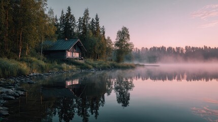 Obraz premium Serene lakeside cabin at dawn surrounded by mist and lush greenery in a tranquil natural landscape