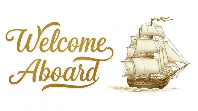 Vintage sailing ship illustration with elegant typography welcoming aboard, perfect for maritime themes
