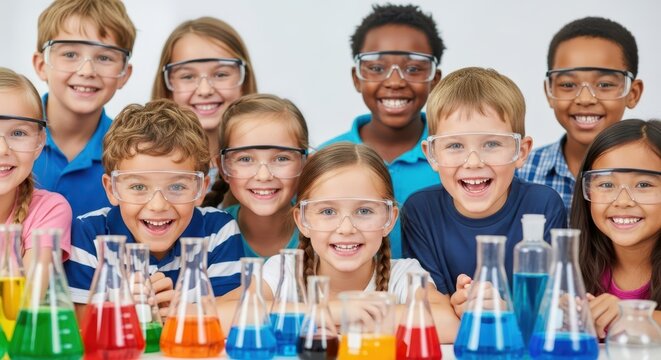 Diverse group of happy elementary students in a fun science class experiment