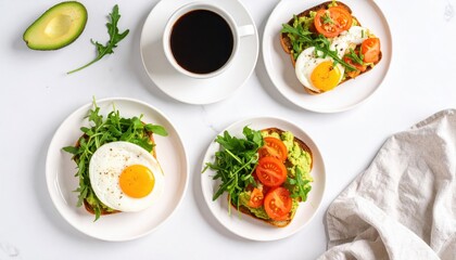 Flat lay of healthy breakfast with avocado toast, fried egg, arugula and coffee, symbolizing wellness, clean eating and morning rituals