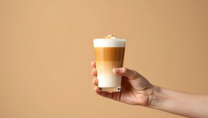 Hand holding a tall layered latte against beige background, representing minimalism, modern lifestyle, cozy coffee culture and calm daily rituals
