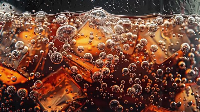 Sharp texture of juicy Cola drink with bubbles and ice cubes, ultra-wide scene, dark background - Powered by Adobe
