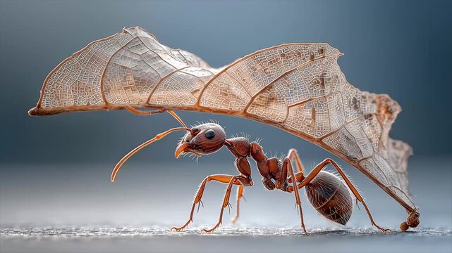 An ant carrying a tiny leaf, extreme macro, detailed exoskeleton