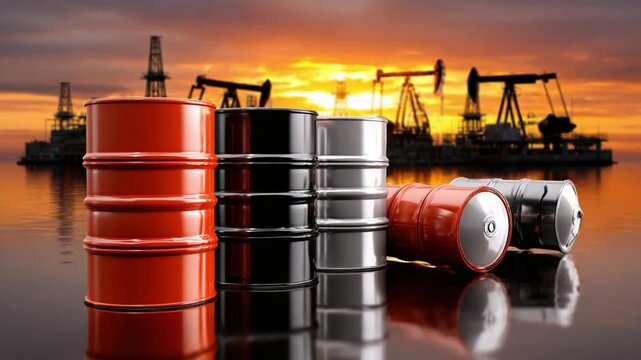 Fueling Sunrise: Oil barrels and rigs stand in silhouette against a striking sunset, a visual metaphor for the oil industry and its role in powering the world.