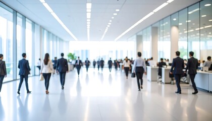 Blurred view of business people walking in a modern office hallway