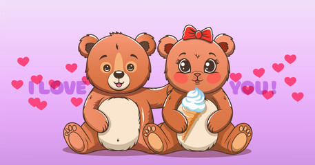 Vector cartoon sitting toys boy and girl bears. Toon cute plush teddy bear. Valentines Day. I love you. Feminine bow, ice cream and hearts. Greeting card. Wedding