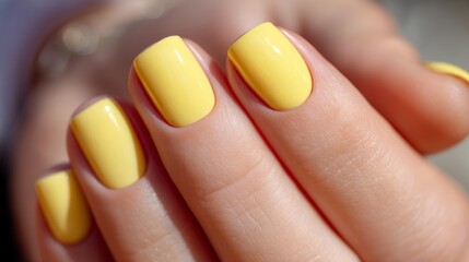 A woman's hand with a yellow manicure on it