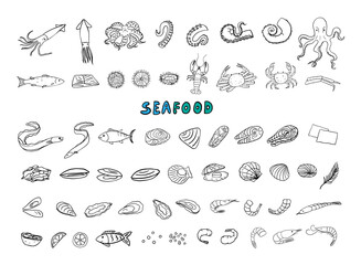Big set of seafood theme. Crab, tuna, octopus, eel, lobster, caviar, mussel, sea urchin, nori, squid, salmon, crawfish, fish, srimps, scallop, lemon, lime, oysters, prawn, cockles, laminaria. Doodles