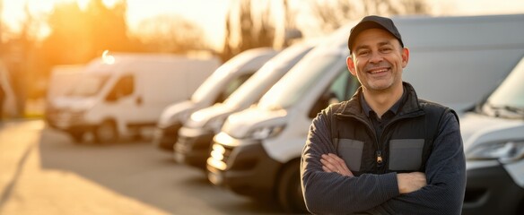 The smiling delivery man standing proudly in front of a fleet of vans.