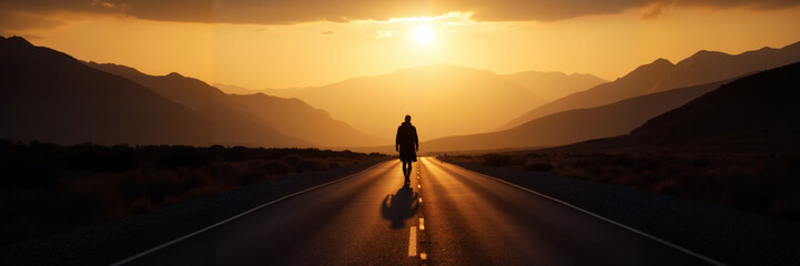 Fototapeta premium Solitary figure walking down deserted road at sunset, Panoramic photo with space for quotes or messages
