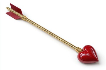 Golden arrow with red heart tip piercing through white background symbolizing love and romance