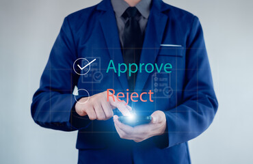 Approved, accept, pass inspection, Businessman writing or tick correct mark to approve document and project concept.