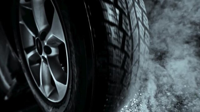 SLO MO Tire rotating on the ground and causing smoke