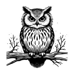 Detailed black and white illustration of a great horned owl perched on a branch