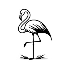 Elegant flamingo silhouette standing on one leg with minimalist grass detail
