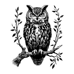 Detailed black and white illustration of a great horned owl perched on a branch with foliage