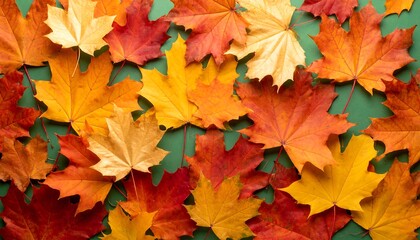 Fototapeta premium Autumn leaves on green background (1)