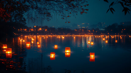 Enchanting Night Floating Lanterns on a Serene Lake