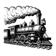 Vintage steam locomotive emitting plumes of smoke on railroad tracks © Alam