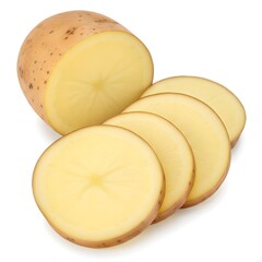 A golden raw potato is sliced into round pieces, showing the crisp texture. Culinary ingredient for  cooking food