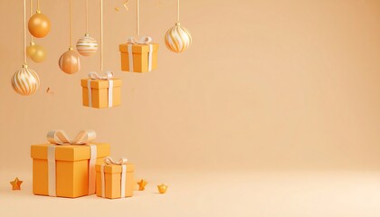 Floating orange gift boxes and ornaments