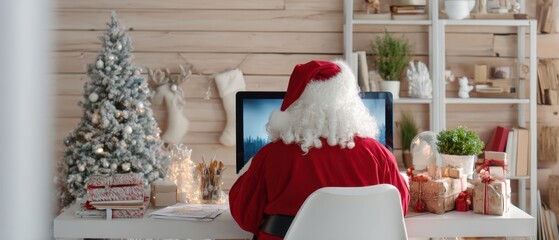 Fototapeta premium The Santa Claus working at a cozy holiday-themed desk in a festive setting.