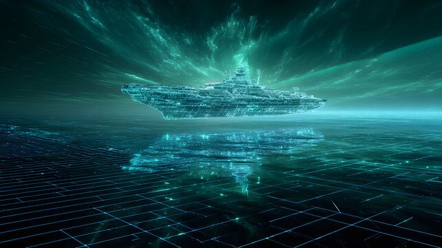 Cyberpunk Warship Hologram: Floating Power Above Digital Ocean Grid in Green-Blue Glow