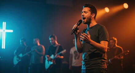 Young man singing with microphone on stage during live concert. Christian worship music event. Gospel choir performance for church sermon.