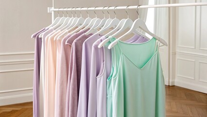 Obraz premium Beautifully draped garments in a serene palette of pastel colors are displayed on a simple white clothing rail. The smooth fabrics and harmonious color gradient evoke feelings of calmness, femininity
